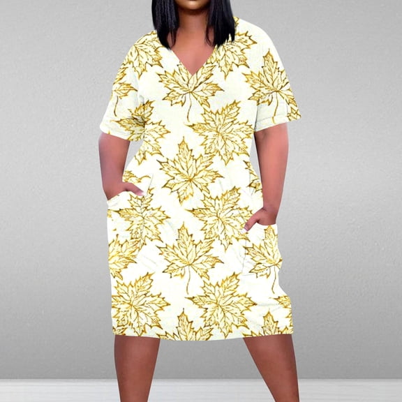Viikei Women's Boho Short Sleeve Dress,Plus Size Dress for Women V Neck Summer Printing Sundresses Knee Short Sleeve with Pockets Gold L