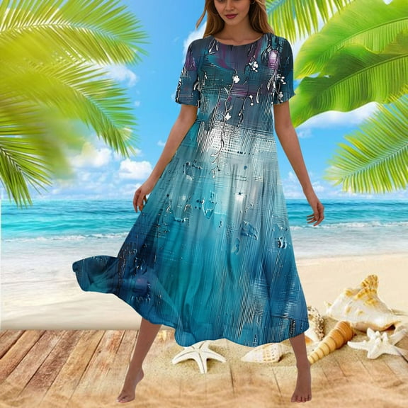 Viikei Women's Boho Short Sleeve Dress,Women's Flower Printing Casual Short Sleeve Crewneck Dress Casual Flowy Tiered Maxi Beach Dress Dark Blue XXL