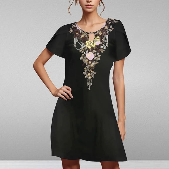 Viikei Women's Boho Tiered Short Sleeve Dress,Women's Casual Loose Summer Printed Short Sleeved Dress Black S