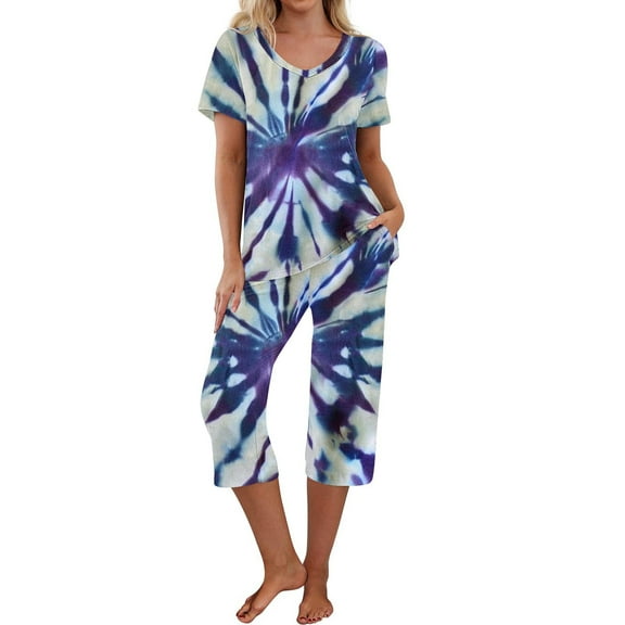 Viikei Women's Capri Pajama Sets Plus Size,Women-neck Short Sleeved Pajamas and Pants Set Casual Pajamas with Pockets Purple S