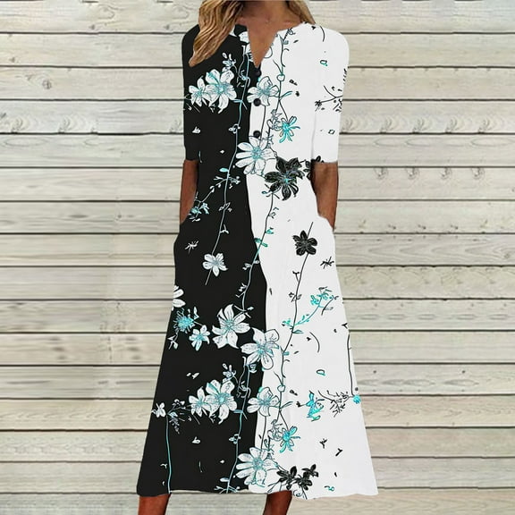 Viikei Women's Casual Ruffle Short Sleeve Dress,Women's Solid Color Loose Casual Fashionable Printed Short Sleeved V-neck Mid Calf Dress Multicolor L