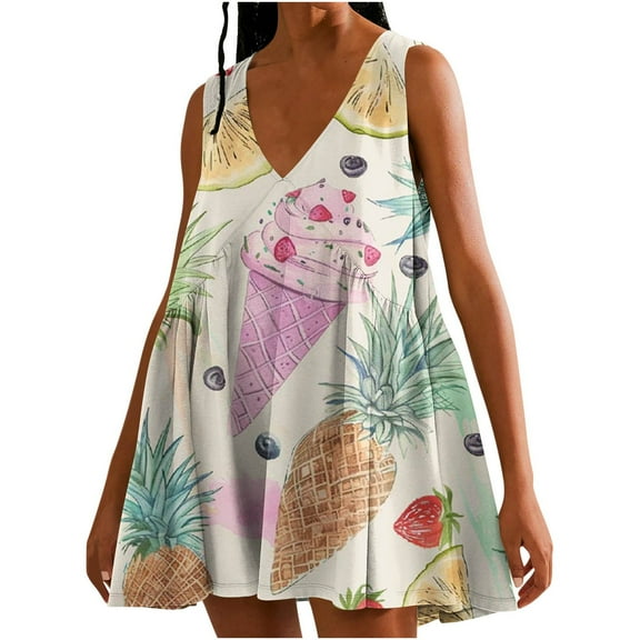 Viikei Women's Casual Summer Tank Dress Sleeveless,New Women's Casual Loose V-neck Sleeveless Printed Short Dress Multicolor L