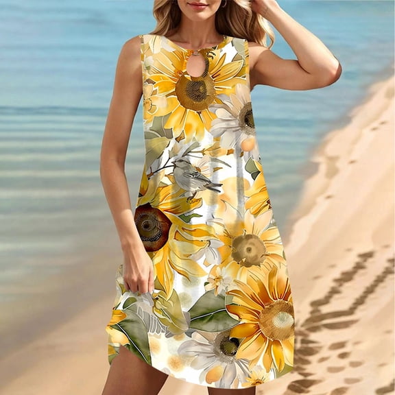 Viikei Women's Casual Summer Tank Dress Sleeveless,Women's Round Neck Sleeveless Gradient Tie Dyed Beach Dress Yellow XXL