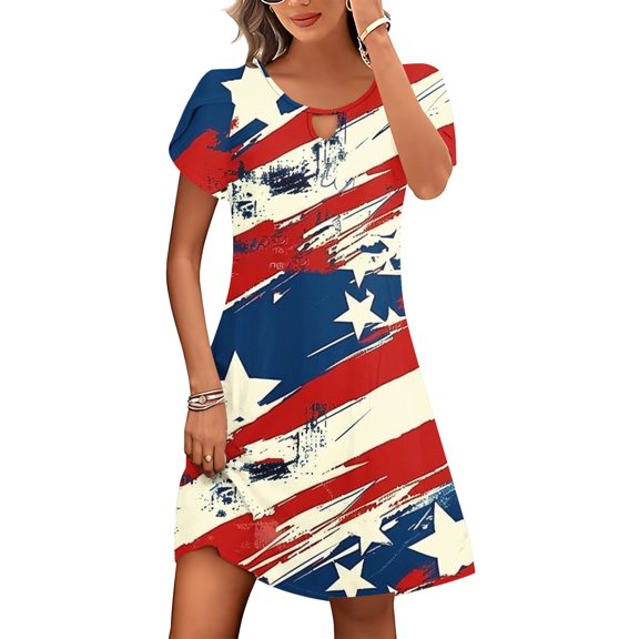 Viikei Women's Casual Tunic Boho Short Sleeve Dress,Women's Casual Loose Summer Printed Short Sleeved Dress Red M