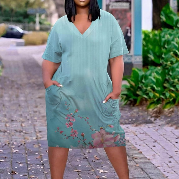 Viikei Women's Casual Tunic Short Sleeve Dress,Plus Size Dress for Women V Neck Summer Printing Sundresses Knee Short Sleeve with Pockets Blue XXL