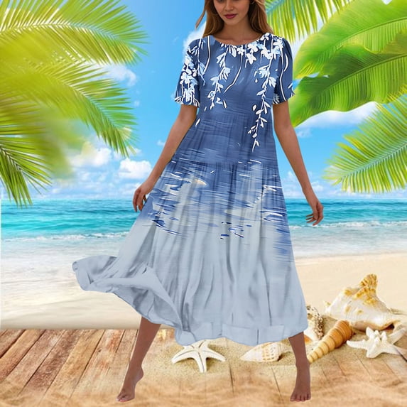 Viikei Women's Casual Tunic Short Sleeve Dress,Women's Flower Printing Casual Short Sleeve Crewneck Dress Casual Flowy Tiered Maxi Beach Dress Blue XL
