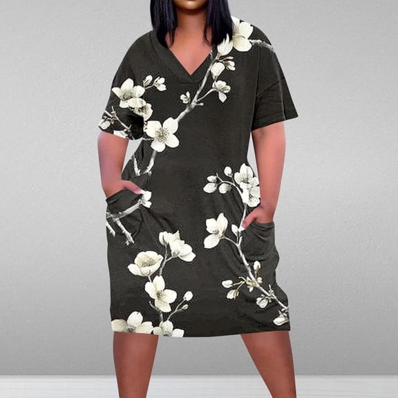 Viikei Women's Classic A-Line Short Sleeve Dress,Plus Size Dress for Women V Neck Summer Printing Sundresses Knee Short Sleeve with Pockets Black XXXXXL