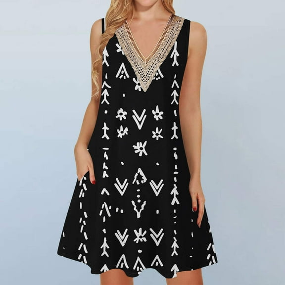 Viikei Women's Classic A-Line Short Sleeve Dress,Women's Printed Lace Sleeveless Pocket V-Neck Dress Black XL