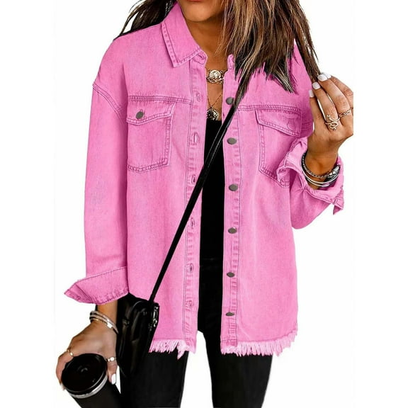 Viikei Women's Dark Wash Denim Jacket Slim Fit Stretch Comfort Classic,Women's Denim Jacket with Oversized Fit,Women Fashion Solid Blouse Long Sleeve Pockets Coat Cardigan Hot Pink S