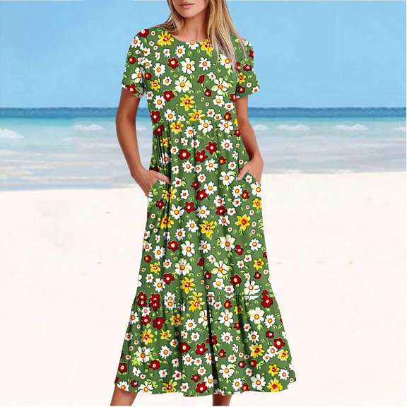 Viikei Women's Fit and Flare Summer Short Sleeve Dress,Women's Printing Casual Short Sleeve Crewneck Dress Flowy Tiered Maxi Beach Dress with Pockets Green S
