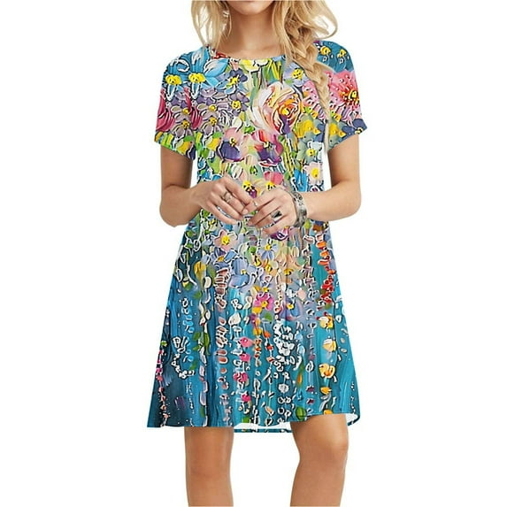 Viikei Women's Fit and Flare Short Sleeve Dress,Women's Short Sleeved Dress with Floral Print Round Neck Dress Multicolor M