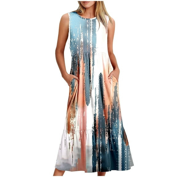 Viikei Women's Fit and Flare Sleeveless Dress,Ladies' Round Neck Sleeveless Mid Calf Double Pocket Printed Dress Gray L