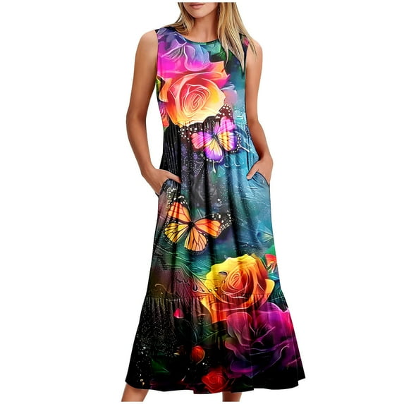 Viikei Women's Fit and Flare Summer Short Sleeve Dress,Ladies' Round Neck Sleeveless Mid Calf Double Pocket Printed Dress Multicolor XXL