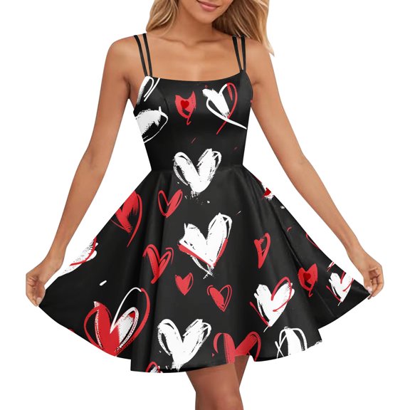 Viikei Women's Fit and Flare Summer Short Sleeve Dress,Women's Valentine's Day Love Printed Cute Retro Strap Dress Black S