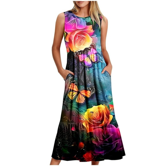 Viikei Women's Floral Print Tiered Short Sleeve Dress,Ladies' Round Neck Sleeveless Mid Calf Double Pocket Printed Dress Multicolor XL