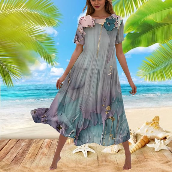 Viikei Women's Floral Print Tiered Short Sleeve Dress,Women's Flower Printing Casual Short Sleeve Crewneck Dress Casual Flowy Tiered Maxi Beach Dress Army Green S