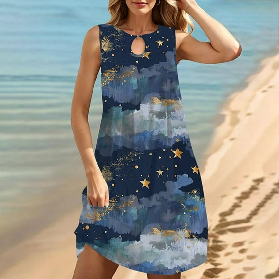 Viikei Women's Floral Print Tiered Sleeveless Dress,Women's Round Neck Sleeveless Gradient Tie Dyed Beach Dress Blue XL
