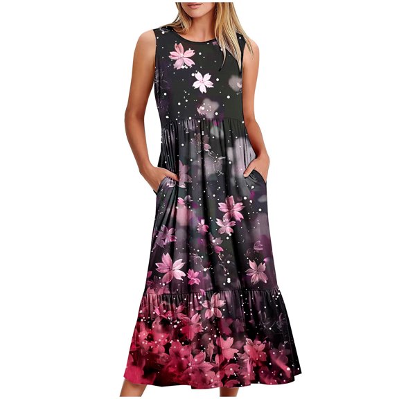 Viikei Women's Flowy Boho Sleeveless Dress,Ladies' Round Neck Sleeveless Mid Calf Double Pocket Printed Dress Multicolor M