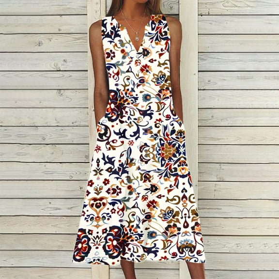 Viikei Women's Flowy Boho Sleeveless Dress,New Women's V-neck Button Button Sleeveless Printed Long Dress Khaki S