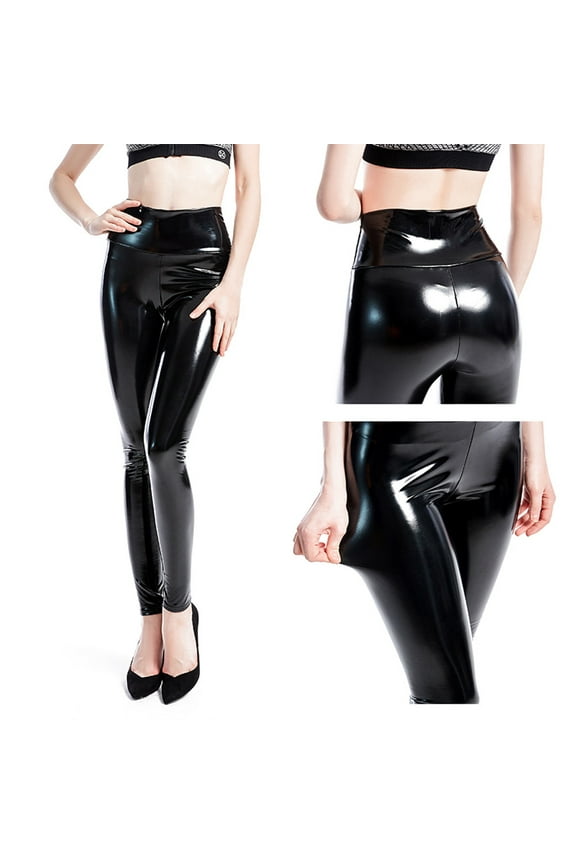 Women's High Rise Faux Leather Wide Leg Trousers,Women's Stretchy Faux Leather Leggings Pants,Sexy Black High Waisted Tights Black XXL