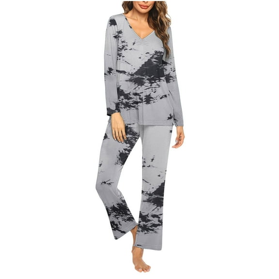 Viikei Women's Long Pajama Set Full Coverage Sleepwear,Ladies' Christmas Printed V-neck Casual Long Top Pants Pajama Set Gray S