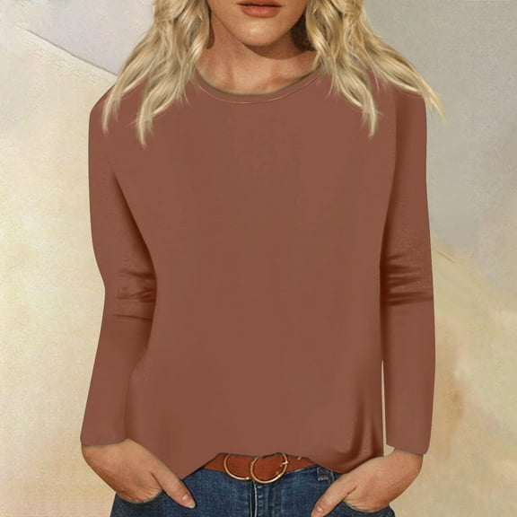 Viikei Women's Long Sleeve Tops,Fashion Women's Comfortable Round-Neck Long Sleeve Casual T-shirt Blouse Brown L
