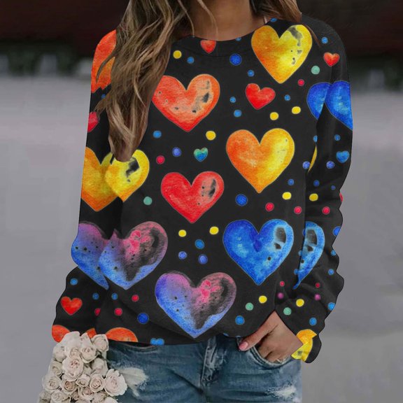 Viikei Women's Long Sleeve Tops,Ladies' Loose Casual Printed Long Sleeved Round Neck Hooded Front Shoulder Sweatshirt Black S