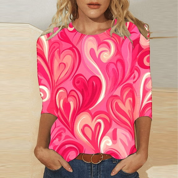 Viikei Women's Long Sleeve Tops,Ladies' Valentine's Day Casual Printed Round Neck Three Quarter Sleeve 3/4 Sleeve T-shirt Loose Top Multicolor M