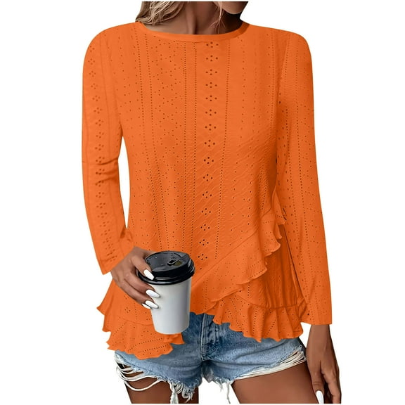 Summer Tops Viikei Women's Long Sleeve Tops,Plus Size Womens Hoodies Pullover,Women's New Solid Color Round Neck Long Sleeved T-shirt with Irregular Lace Design At The Hem Orange S