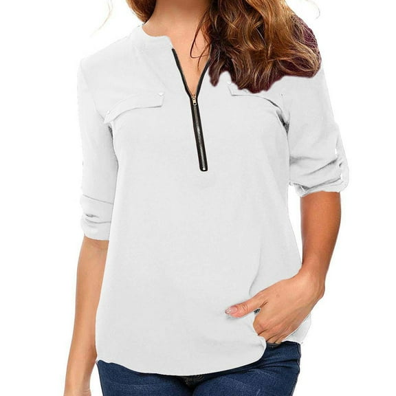 Plus Size Tops for Women Viikei Women's Long Sleeve Tops,Plus Size Womens Hoodies Pullover,Women's Summer Long Sleeve Zip Casual Tunic V-Neck Rollable Blouse Tops White XXL