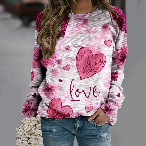 Viikei Women's Long Sleeve Tops,Women's Fall and Winter Valentine's Day Print Casual Long Sleeved Round Neck Hooded Sweatshirt Tops Blouse Pink S