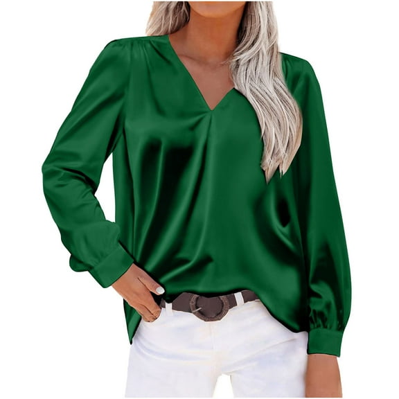 Viikei Women's Long Sleeve Tops,Women's New Satin Pleated V-neck Casual Loose Fitting Long Sleeved Shirt Tops Green M