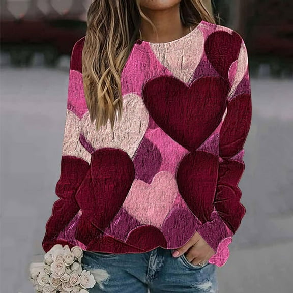 Viikei Women's Long Sleeve Tops,Women's Valentine's Day Printed Long Sleeved Round Neck Top/shirt Multicolor S