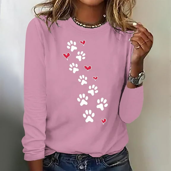 Viikei Women's Long Sleeve Tunic Tops,Fashionable Women's Printed Round Neck Pullover Long Sleeved Casual Top Pink S