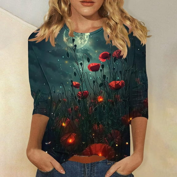 Viikei Women's Long Sleeve Tunic Tops,Women's Printed Casual Round Neck Pullover Three-quarters Sleeve T-shirt Multicolor S