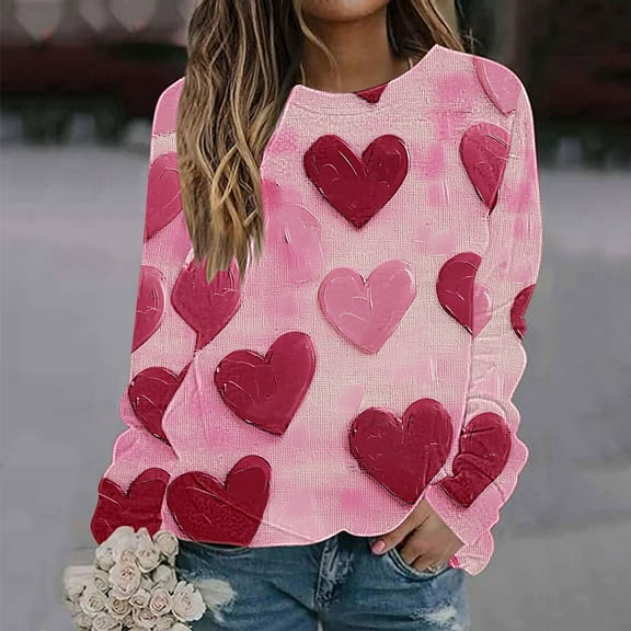Viikei Women's Long Sleeve Tunic Tops,Women's Valentine's Day Printed Long Sleeved Round Neck Top/shirt Multicolor XL