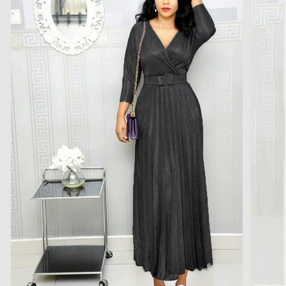 Viikei Women's Long Sleeve Vintage Maxi Dress,Women's Clothing Temperament Commuting Fashion Long Sleeve Hot Stamping Pleated Big Skirt Dress Black XXXL