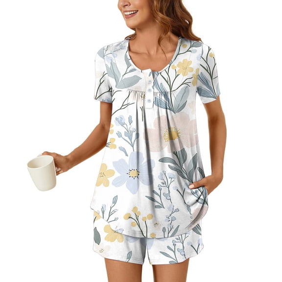Viikei Women's Pajama Dress Nightgown Sleepwear Style,Women Casual Round Neck Short Sleeve Blouse Fashion Pants Pajamas Suit White S
