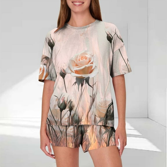 Viikei Women's Pajama Jogger Set Casual Loungewear Style,Women's Casual Loose Printing Round Neck Short Sleeved Shorts Pajamas Suit Pink S