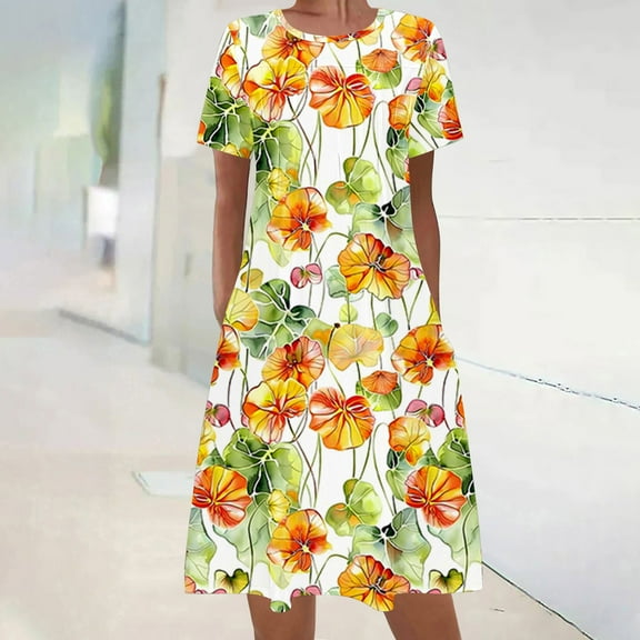 Viikei Women's Party Short Sleeve Dress,Women's Summer Bohemian Print Short Sleeve Beach Dress Knee Length Dress Yellow M