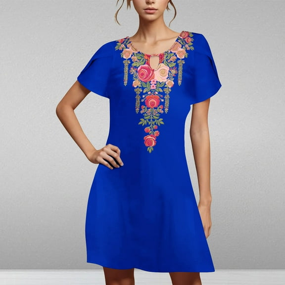 Viikei Women's Pleated Short Sleeve Dress,Women's Casual Loose Summer Printed Short Sleeved Dress Blue S