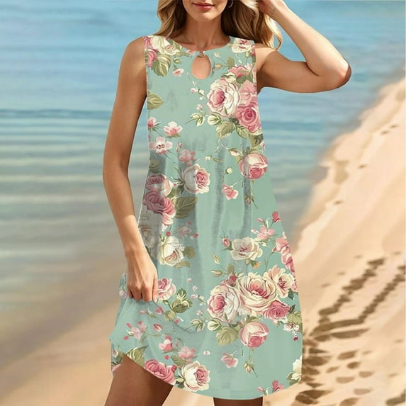 Viikei Women's Plus Size Casual Short Sleeve Crewneck Dress,Women's Round Neck Sleeveless Gradient Tie Dyed Beach Dress Green L