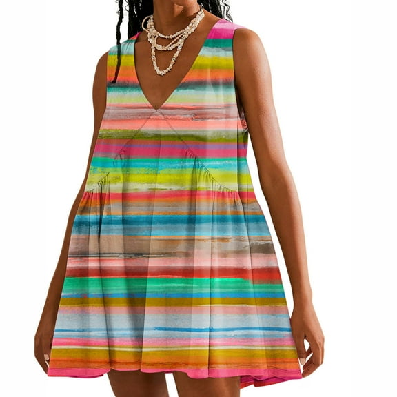 Viikei Women's Plus Size Maxi Dress,Dresses for Women Summer Casual Boho Dress,Women Casual Loose Summer Print Pleated Sleeveeless V-Neck Dress with Pocket Multicolor M
