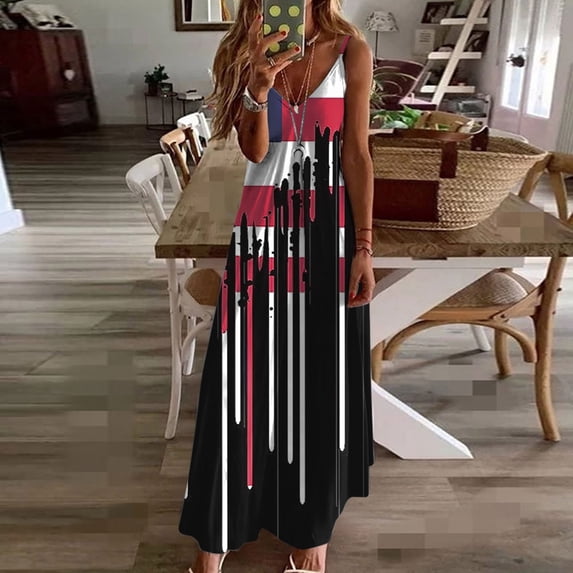 Viikei Women's Plus Size Maxi Dress,Dresses for Women Summer Casual Boho Dress,Women's Summer Print Casual Loose Sleevless V-Neck Dress Black XL