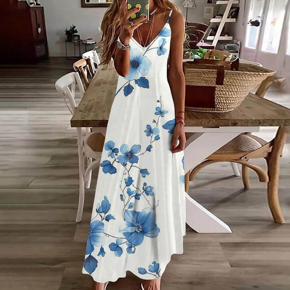 Viikei Women's Plus Size Maxi Dress,Fashion Women Summer Casual Solid V-Neck Camis Sleeveless Long Dress Blue XXL