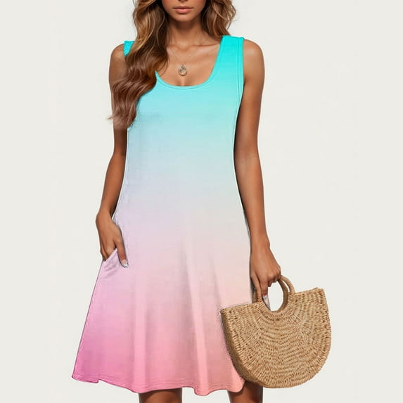 Viikei Women's Plus Size Maxi Dress,Ladies' Fashion Trend Floral Print Sleeveless Round Neck Knee Length Skirt Multicolor S