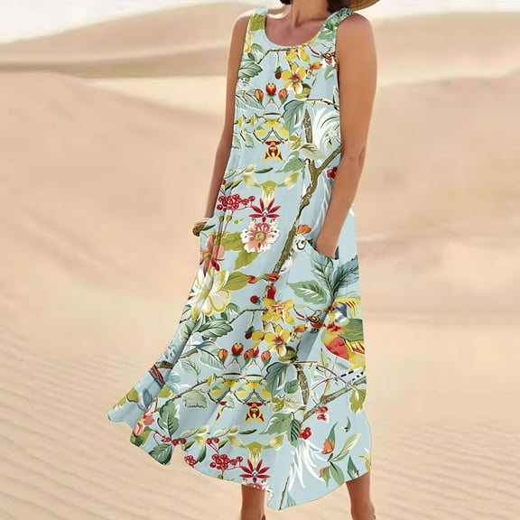 Viikei Women's Plus Size Maxi Dress,New Women's Sleeveless and Linen Round Neck Printed Long Dress Light Blue XL