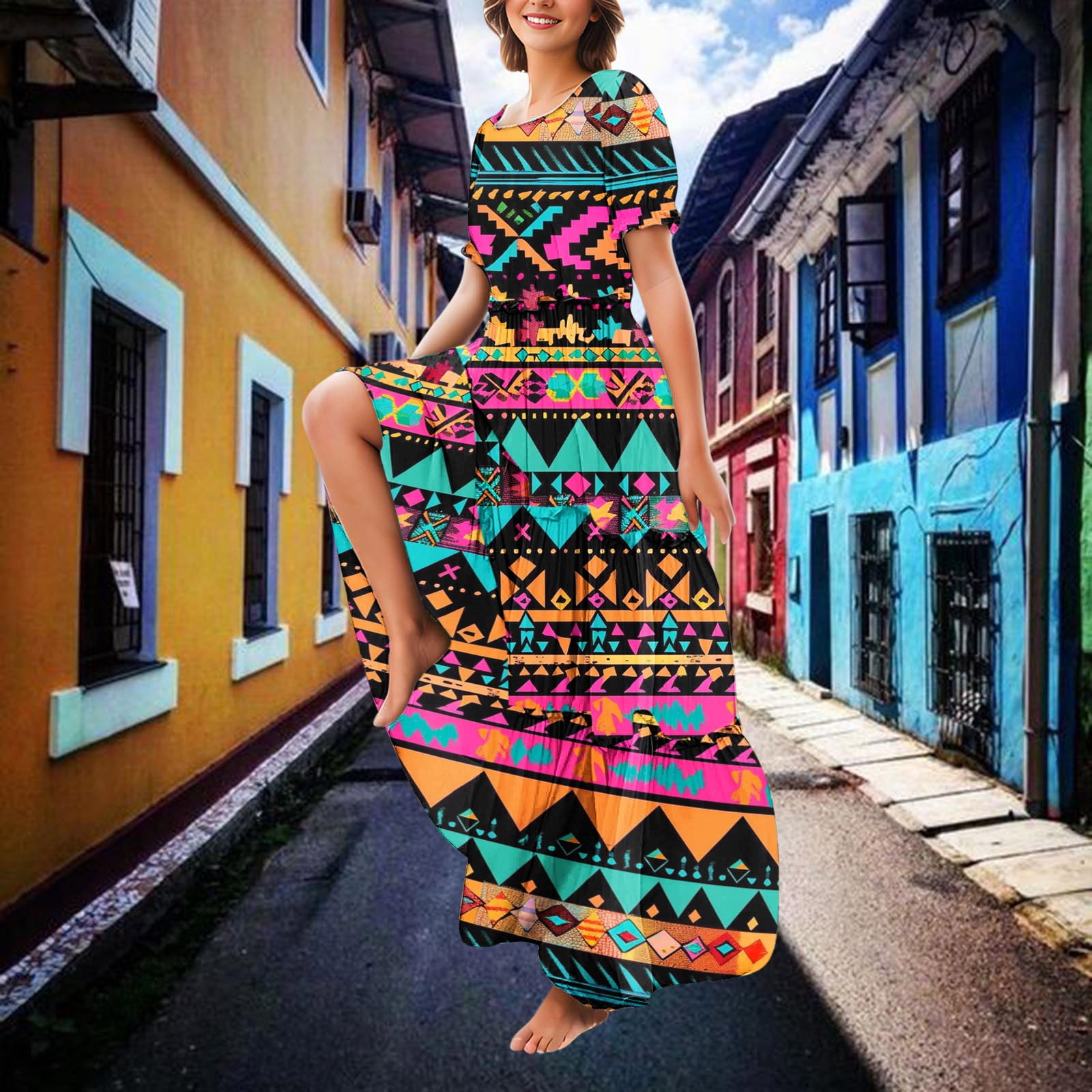 ethnic boho dresses Boho Queens Vintage Chic Women Long Sleeve Tie Neck Ethnic Floral Print Beach Bohemian Maxi Dress Loose Kaftan Lady Rayon Boho Dresses Robe, Women's,