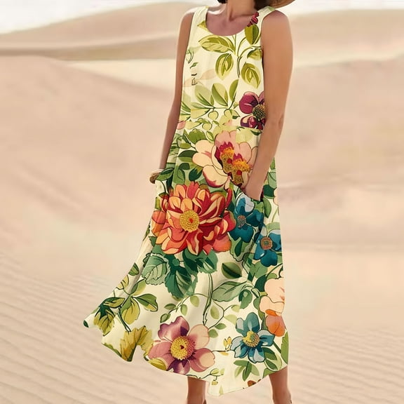 Viikei Women's Plus Size Maxi Dress,Women's Sleeveless and Linen Round Neck Printed Long Dress with Pocket Yellow XL