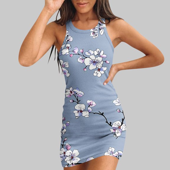 Viikei Women's Plus Size Maxi Dress,Women's Slim-Fit Short Sleeve Dress,Women Casual Bodycon Printde Ribbed Sleeveless Tank Round Neck Camisole Dress Sky Blue M